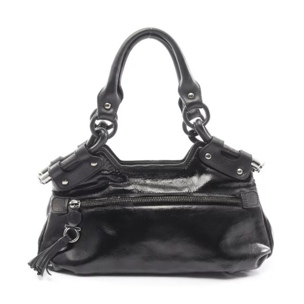 Salvatore Ferragamo Gancini Tassel Handbag Patent Vernis Leather Black
